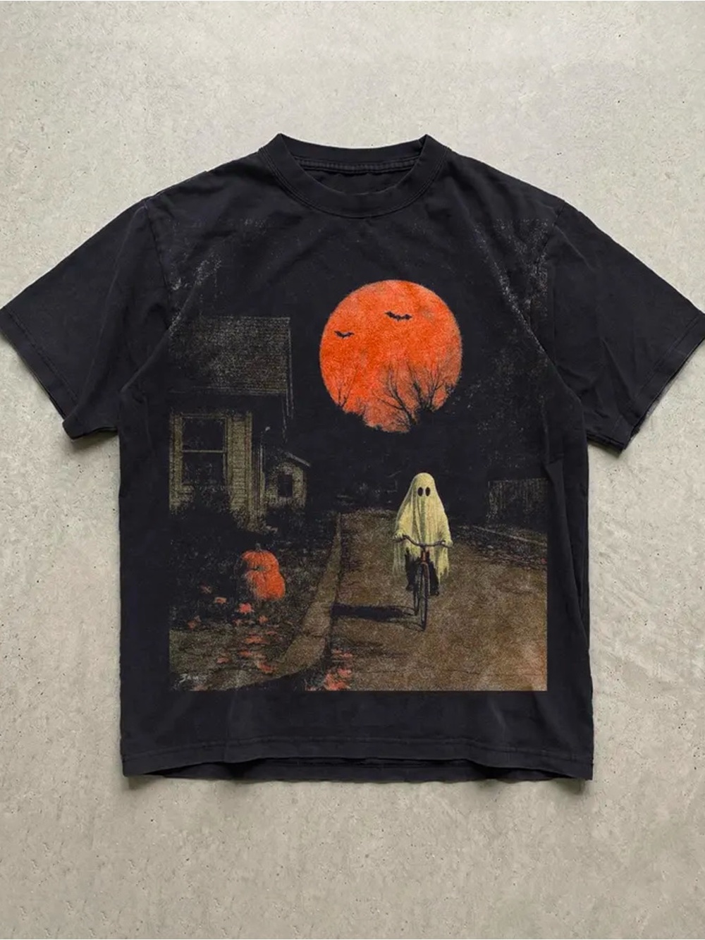 Halloween Ghost Bicycle Blood Moon Graphic Black T-Shirt Grunge